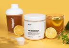 White plastic tub of Vilgain Pre-Workout with Lemon Ice Tea flavor, includes L-Citrulline Malate and Natcaff® caffeine