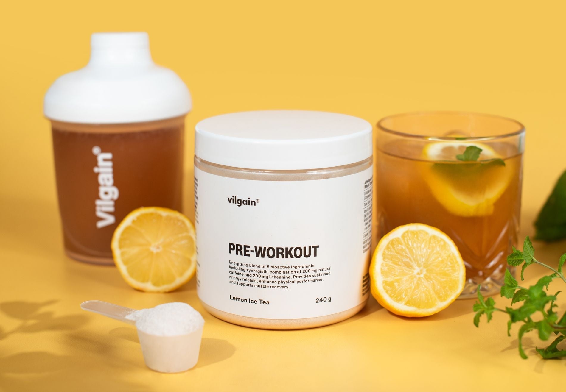 White plastic tub of Vilgain Pre-Workout with Lemon Ice Tea flavor, includes L-Citrulline Malate and Natcaff® caffeine