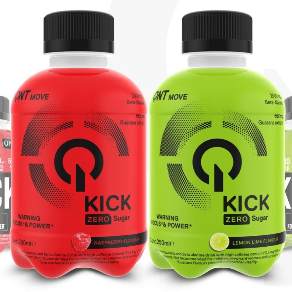 QNT Kick Energy zero sugar lemon lime and raspberry drinks with guarana extract