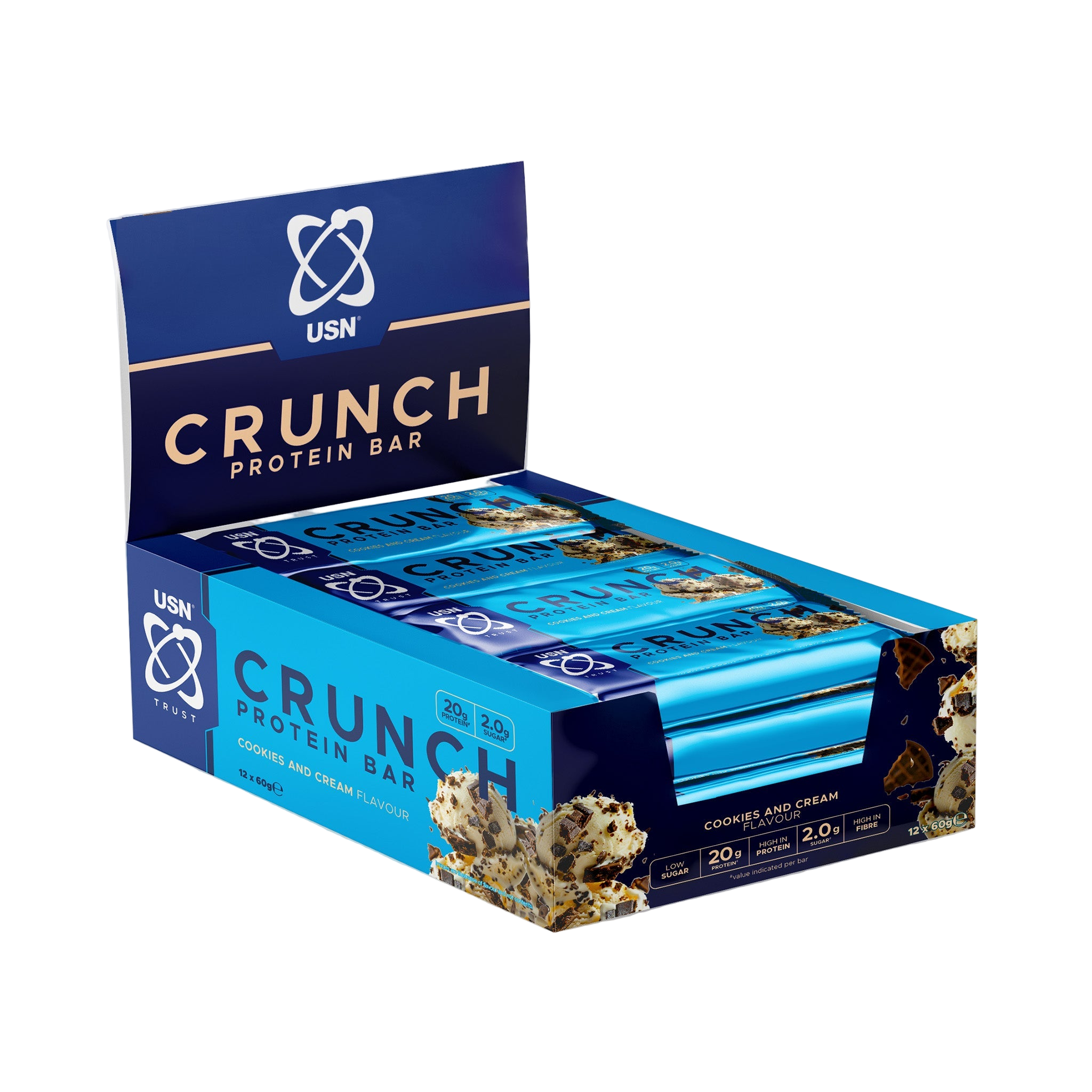 Box of USN Crunch Protein Bars on a white background