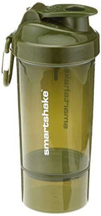 Olive green Smartshake One Shaker with mixer net and attached carabiner clip