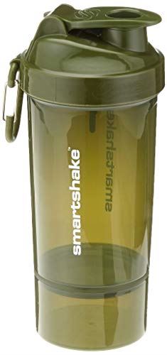Olive green Smartshake One Shaker with mixer net and attached carabiner clip