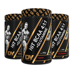 Three containers of DY Nutrition Hit BCAA 4:1:1 + Glutamine in fruity flavors