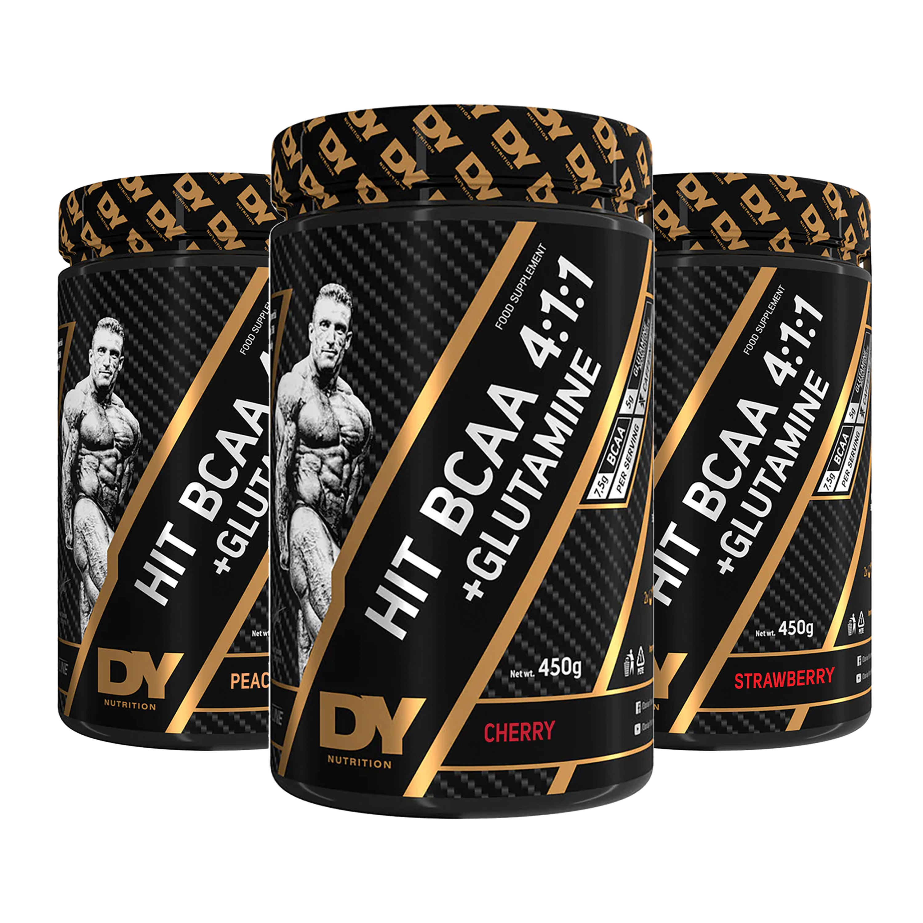 Three containers of DY Nutrition Hit BCAA 4:1:1 + Glutamine in fruity flavors