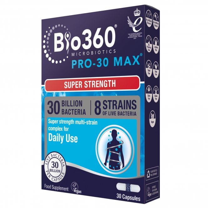 Dark blue box of Natures Aid Pro-30 MAX 8 Strain Complex digestive health probiotic capsule