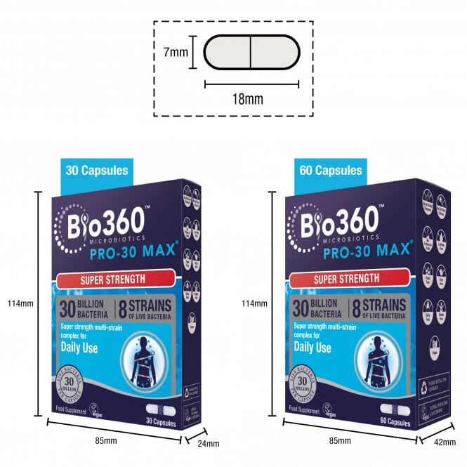 Packaging and size for Natures Aid Pro-30 Max digestive health probiotic capsules