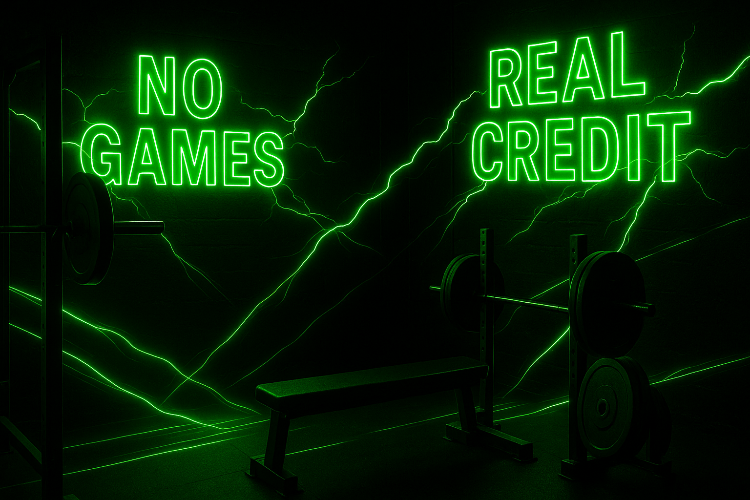 Black image, gym aesthetic, green neon glows and flashes, that sums up the following

Tired of points that expire, hoops to jump through, and fine print designed to trip you up?
Here, every order stacks real credit straight back in your pocket. No games, no fluff—just cold, hard store credit ready to spend.