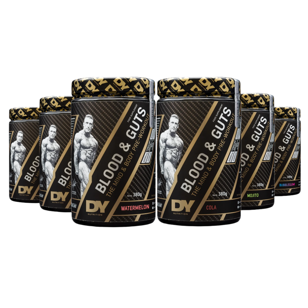 Dorian Yates Blood Nutrition pre workout guts supplement containers in various flavors
