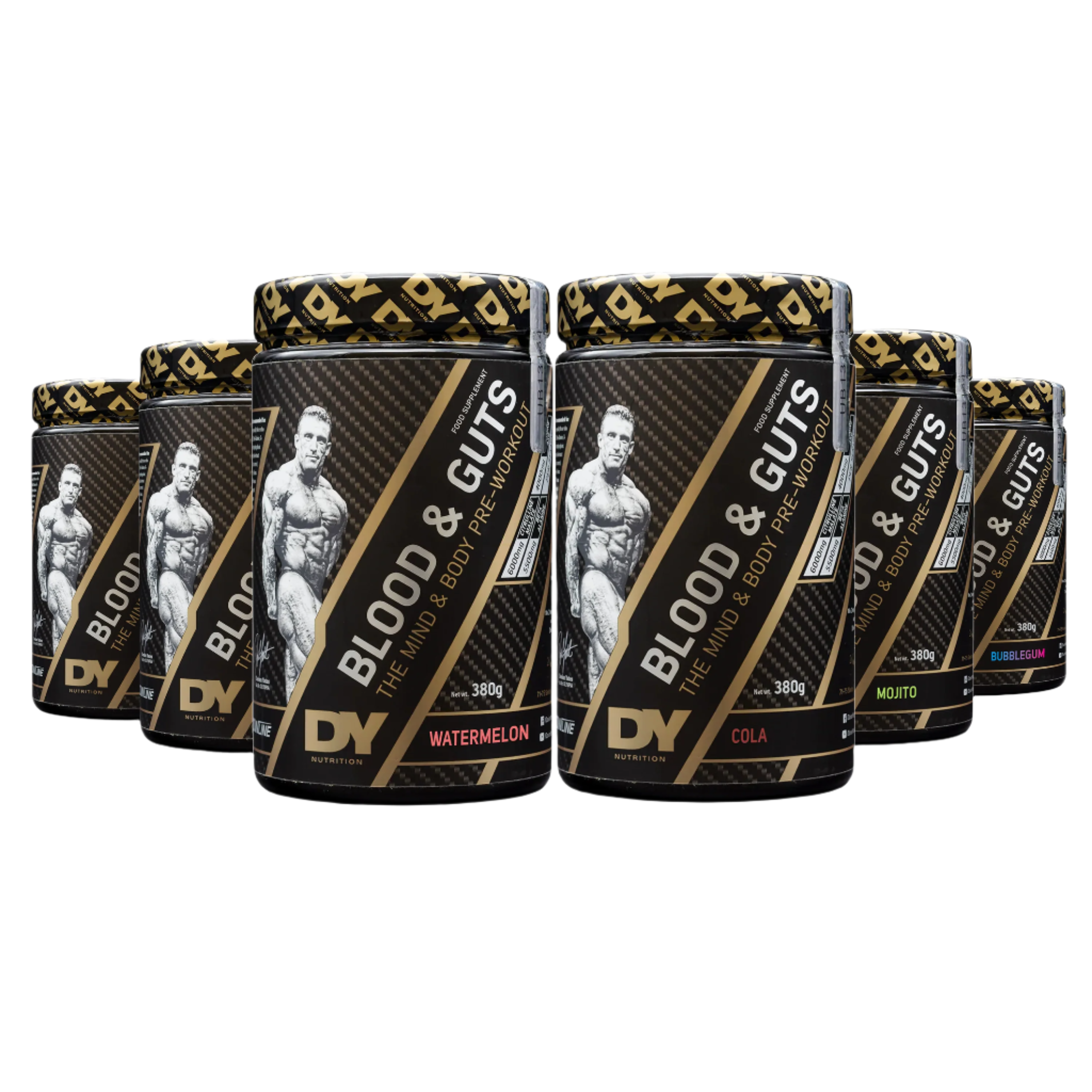 Dorian Yates Blood Nutrition pre workout guts supplement containers in various flavors