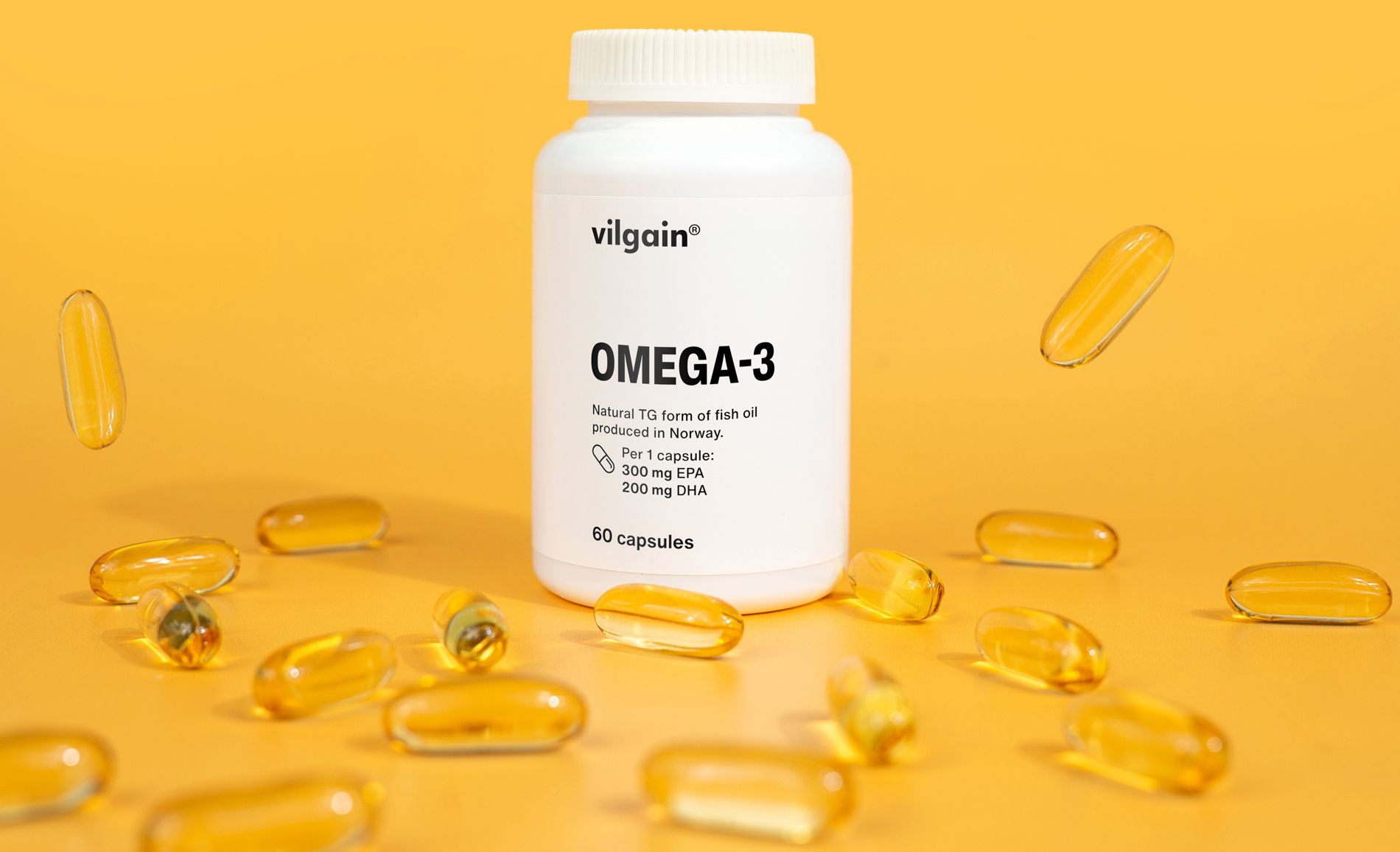 Vilgain Omega 3 bottle with yellow softgels made from wild anchovies for heart health