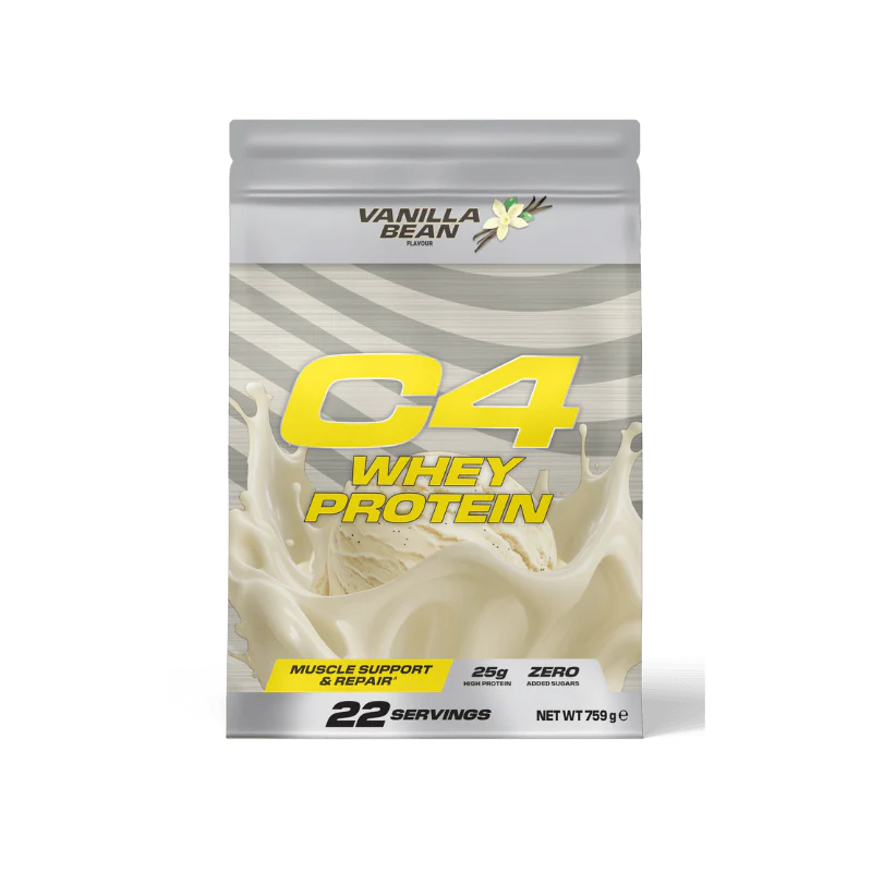 Vanilla Bean C4 Whey Protein in flexible pouch by Cellucor C4 Whey, Hershey’s Milk Chocolate, Reese’s Peanut Butter Cup flavor