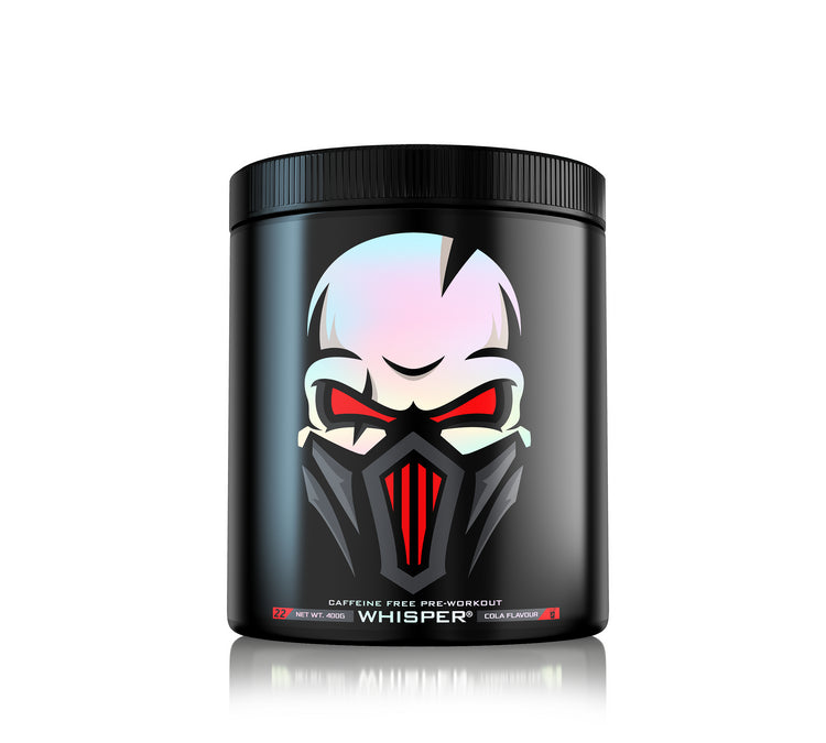 Genius Nutrition Whisper pre-workout supplement with skull mask design for muscle pumps