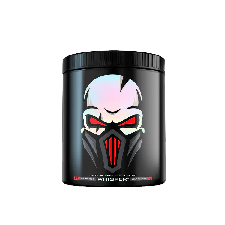 Genius Nutrition Whisper pre-workout with skull graphic for muscle pumps and workout boost