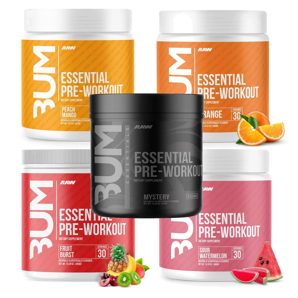 Raw Nutrition Essential PRE pre-workout supplements with flavors to fight fatigue and boost energy