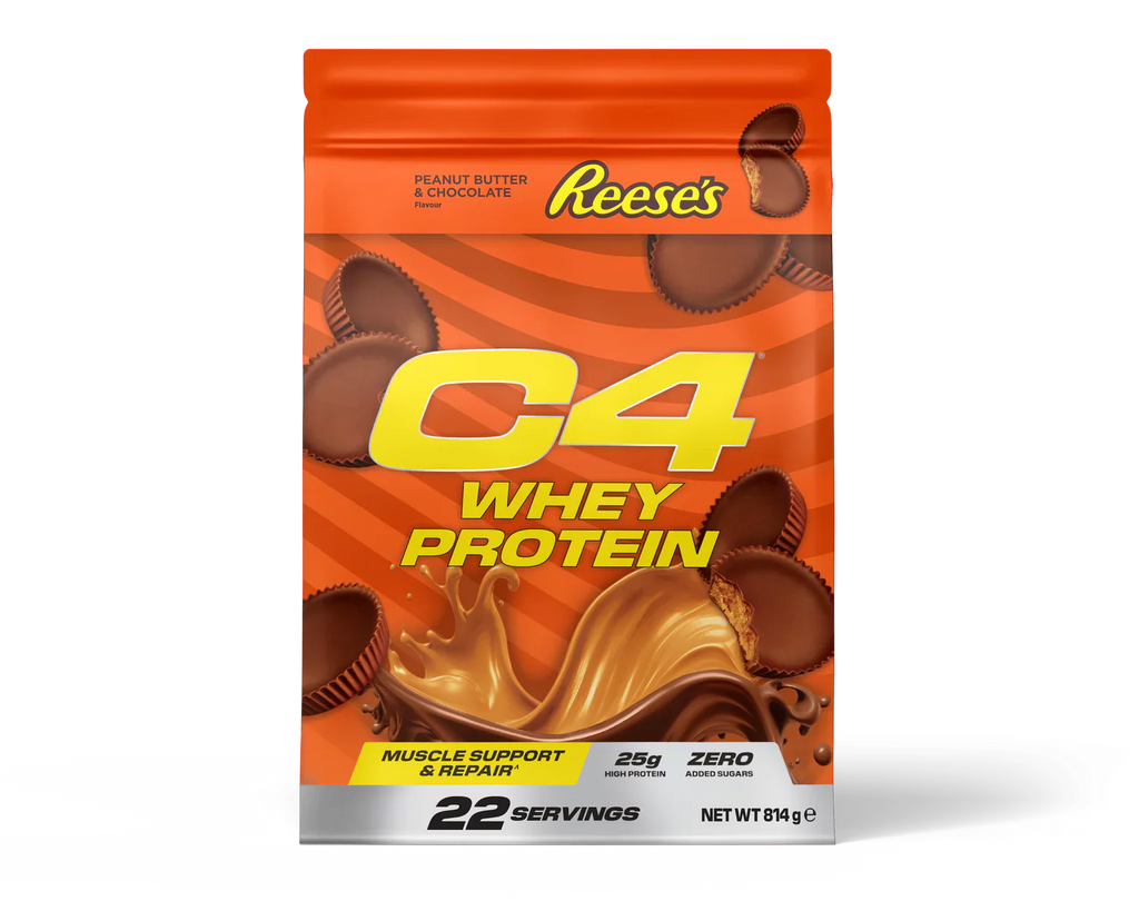 Reese’s C4 Whey Protein powder in flexible pouch with Hershey’s Milk Chocolate and Reese’s Peanut Butter Cup flavor for Cellucor C4 Whey