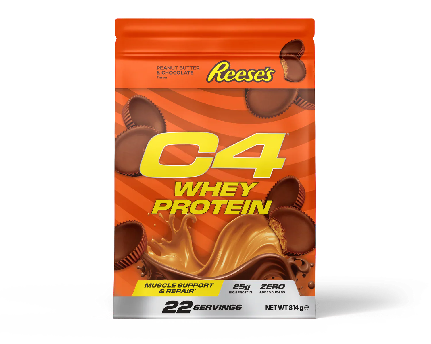 Reese’s C4 Whey Protein powder in flexible pouch with Hershey’s Milk Chocolate and Reese’s Peanut Butter Cup flavor for Cellucor C4 Whey