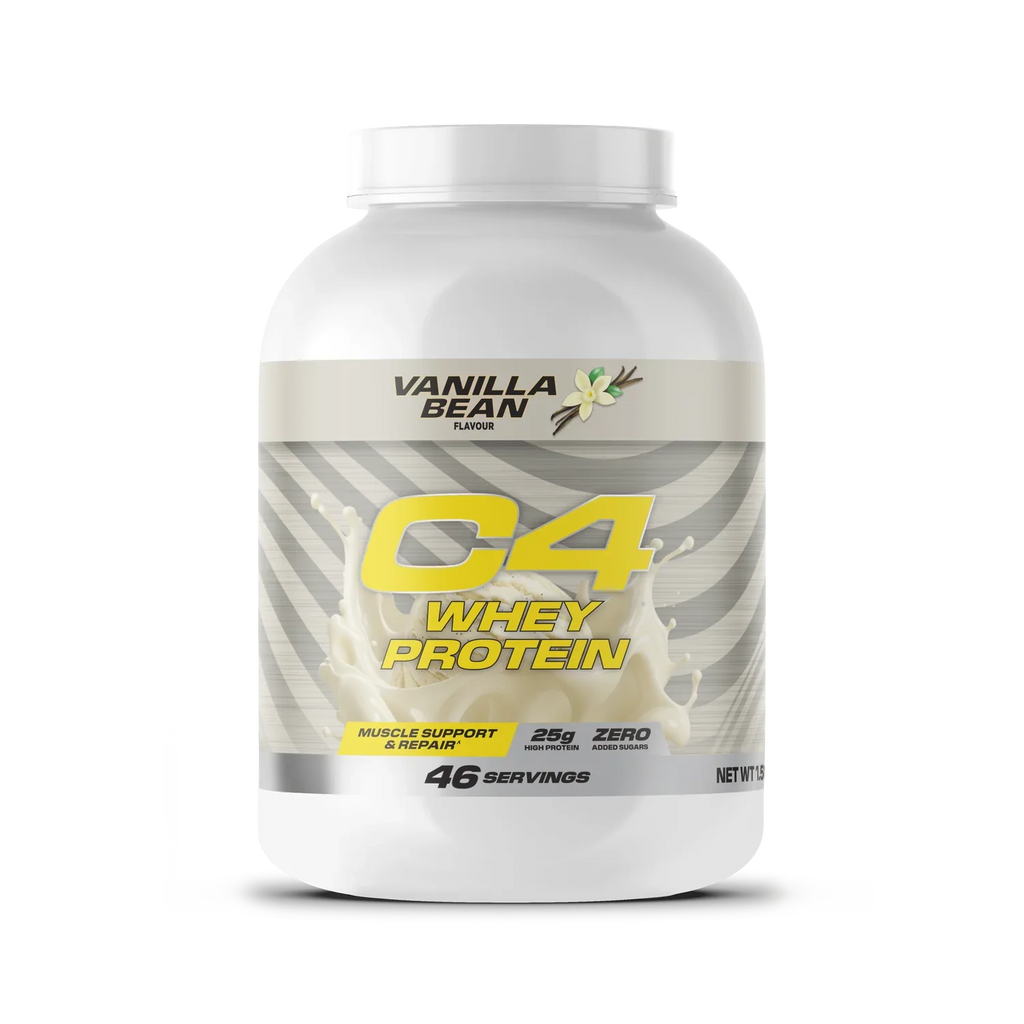 White tub of Cellucor C4 Whey vanilla protein powder with Hershey’s Milk Chocolate and Reese’s flavor options