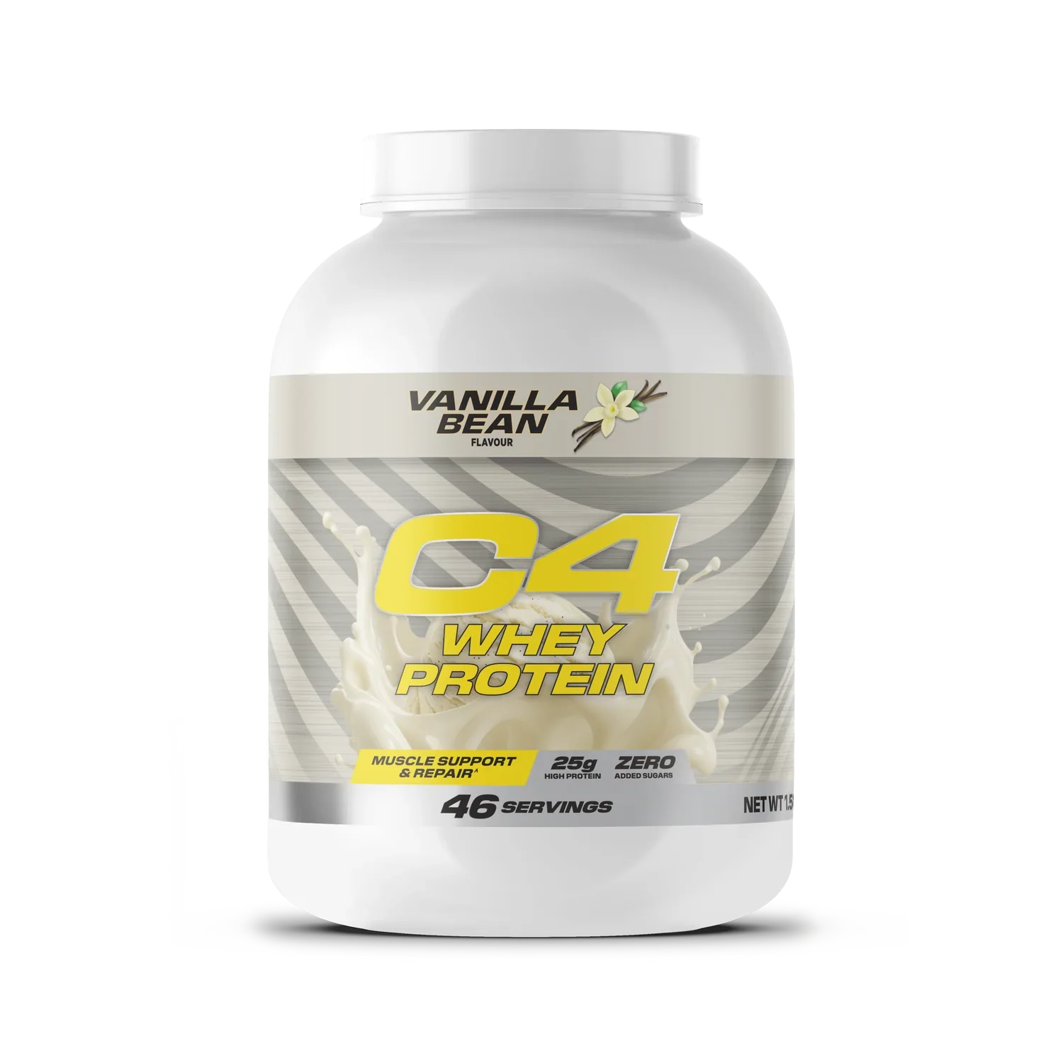 White tub of Cellucor C4 Whey vanilla protein powder with Hershey’s Milk Chocolate and Reese’s flavor options