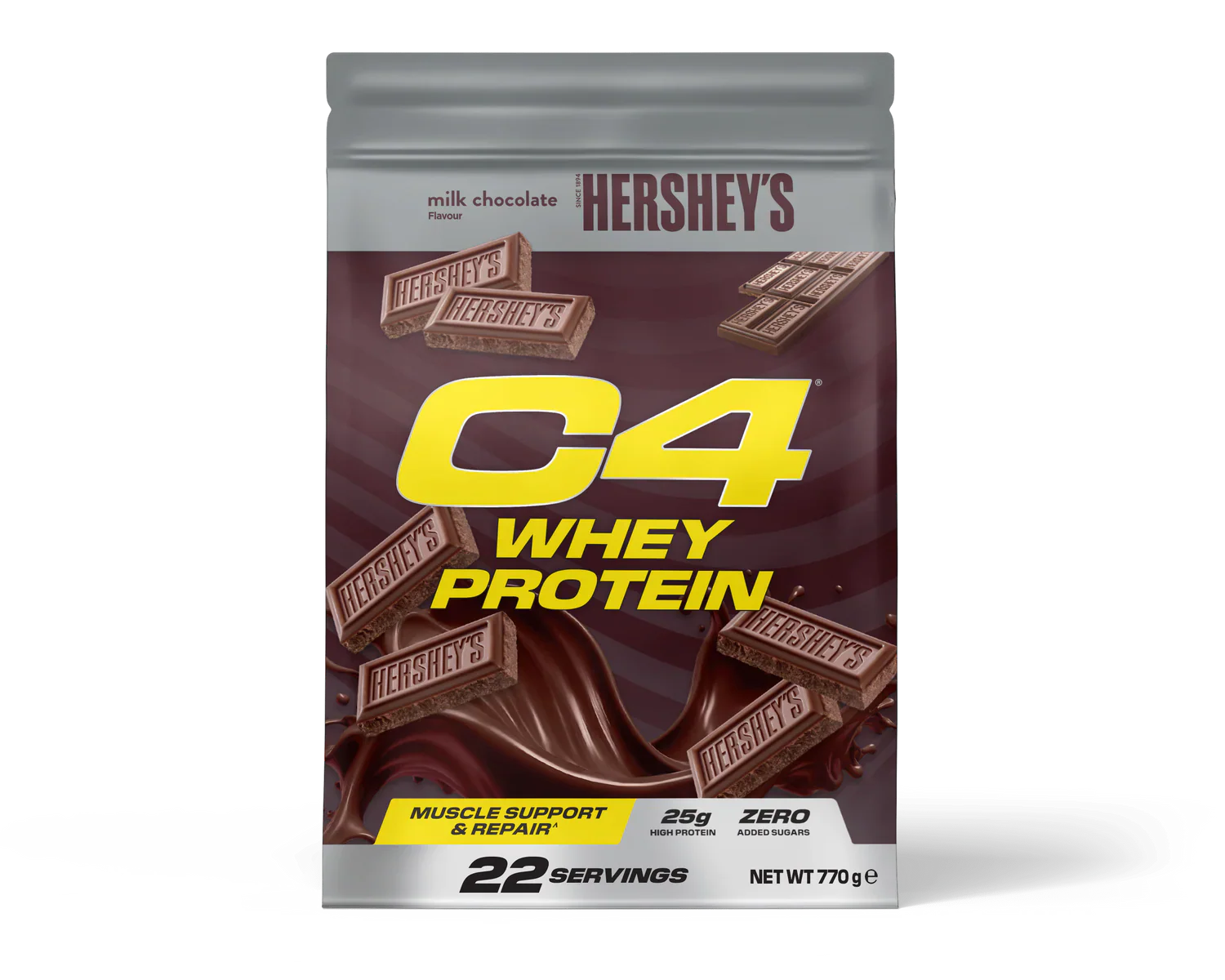 Hershey’s Milk Chocolate flavored Cellucor C4 Whey Protein pouch with Reese’s peanut butter cup flavor