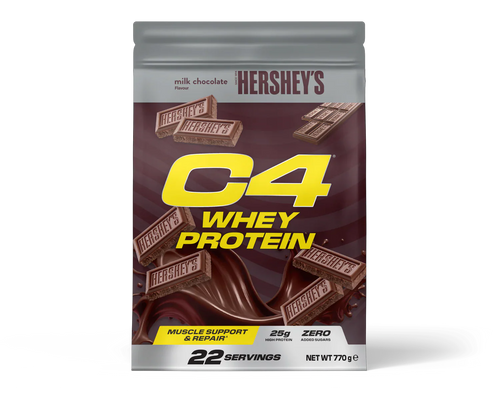 Hershey’s Milk Chocolate flavored Cellucor C4 Whey Protein pouch with Reese’s peanut butter cup flavor