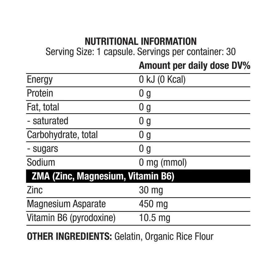 Nutritional info label for Chaos Crew ZMA supplement boosting sleep quality and blood sugar
