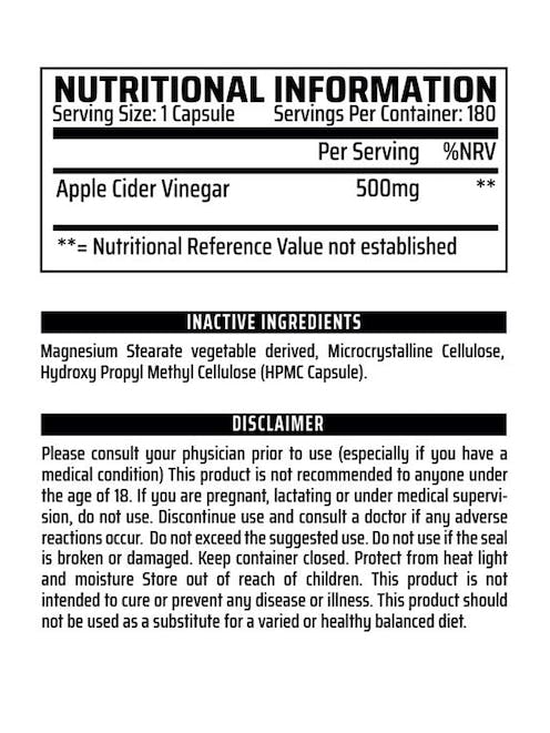 Nutritional info label for Chemical Warfare Apple Cider Vinegar Cider Vinegar 180caps