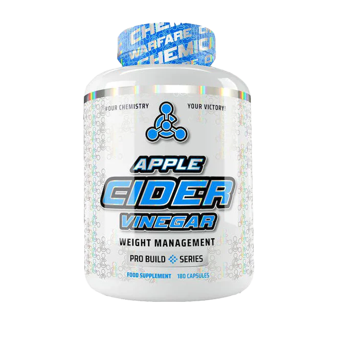 White plastic bottle of Chemical Warfare Apple Cider Vinegar capsules for blood sugar levels