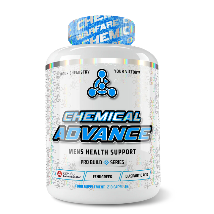 White bottle of Chemical Warfare Chemical Advance men’s health support with KSM-66® Ashwagandha