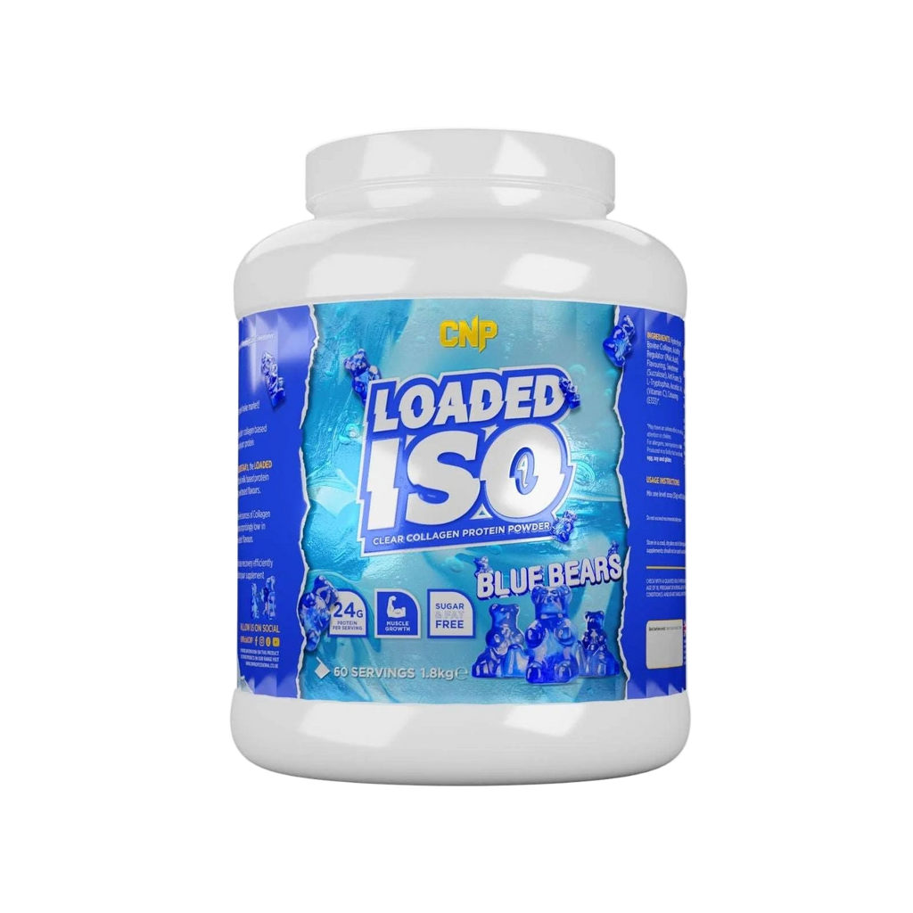 CNP Loaded ISO protein powder container with blue label on a white background