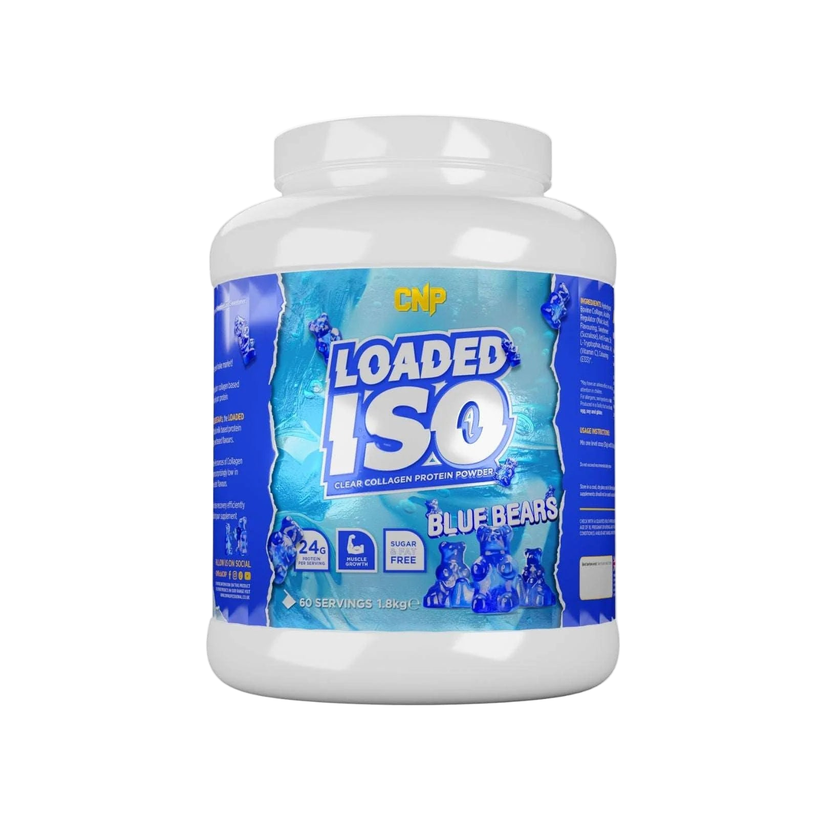 CNP Loaded ISO protein powder container with blue label on a white background