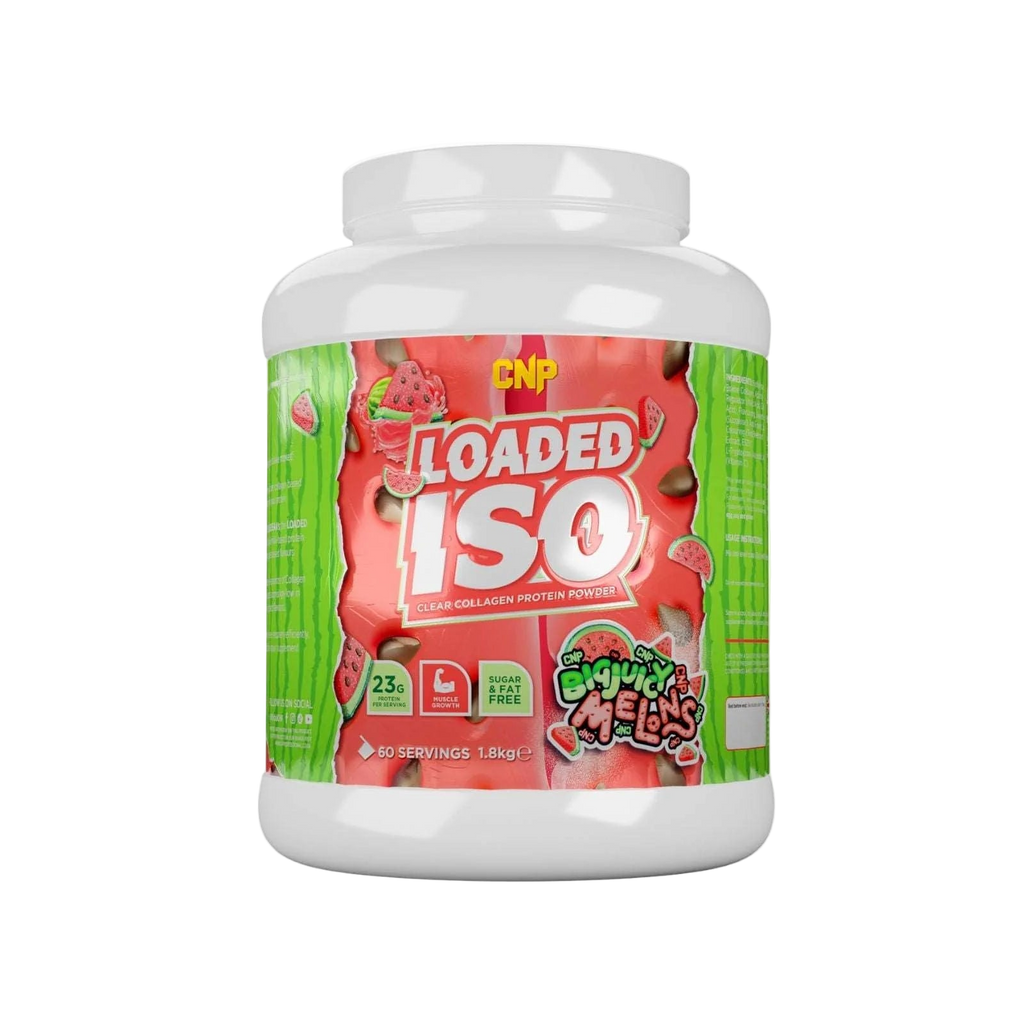 CNP Loaded ISO protein powder container with watermelon flavor on a white background