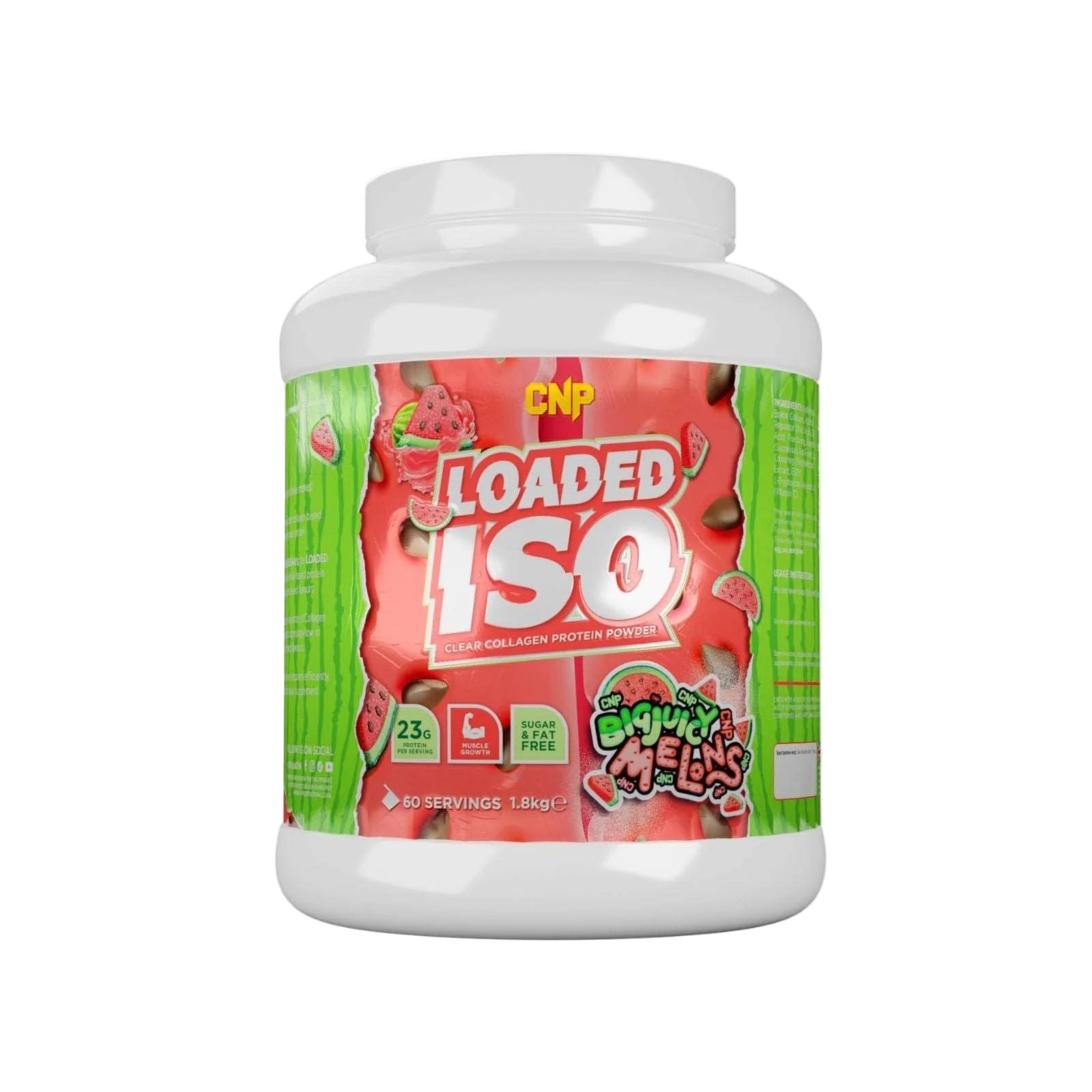 CNP Loaded ISO protein powder container with watermelon flavor on a white background