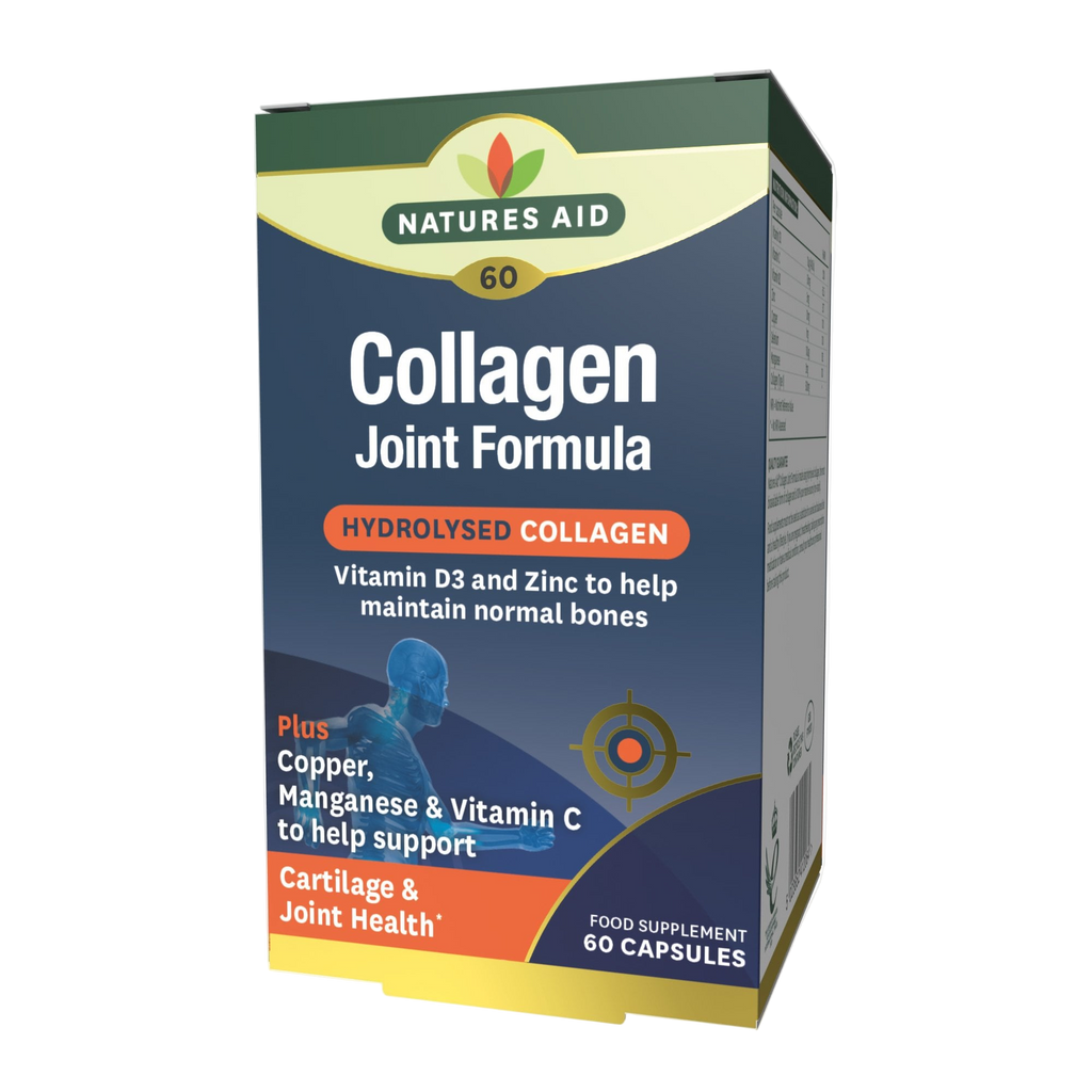 Natures Aid Collagen Joint Formula box with 60 capsules featuring hydrolyzed collagen supplement