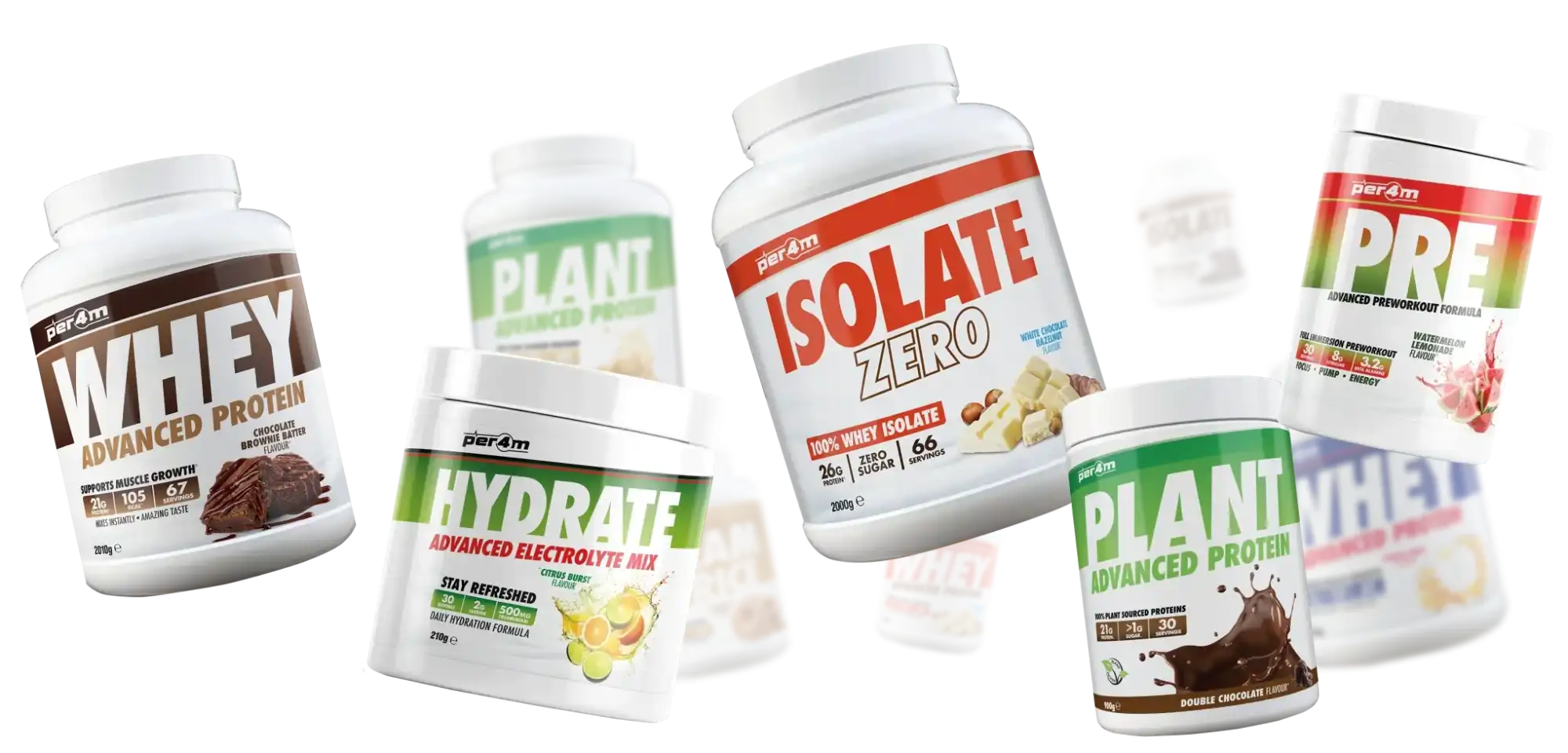 A collection of protein and supplement powders in various containers.