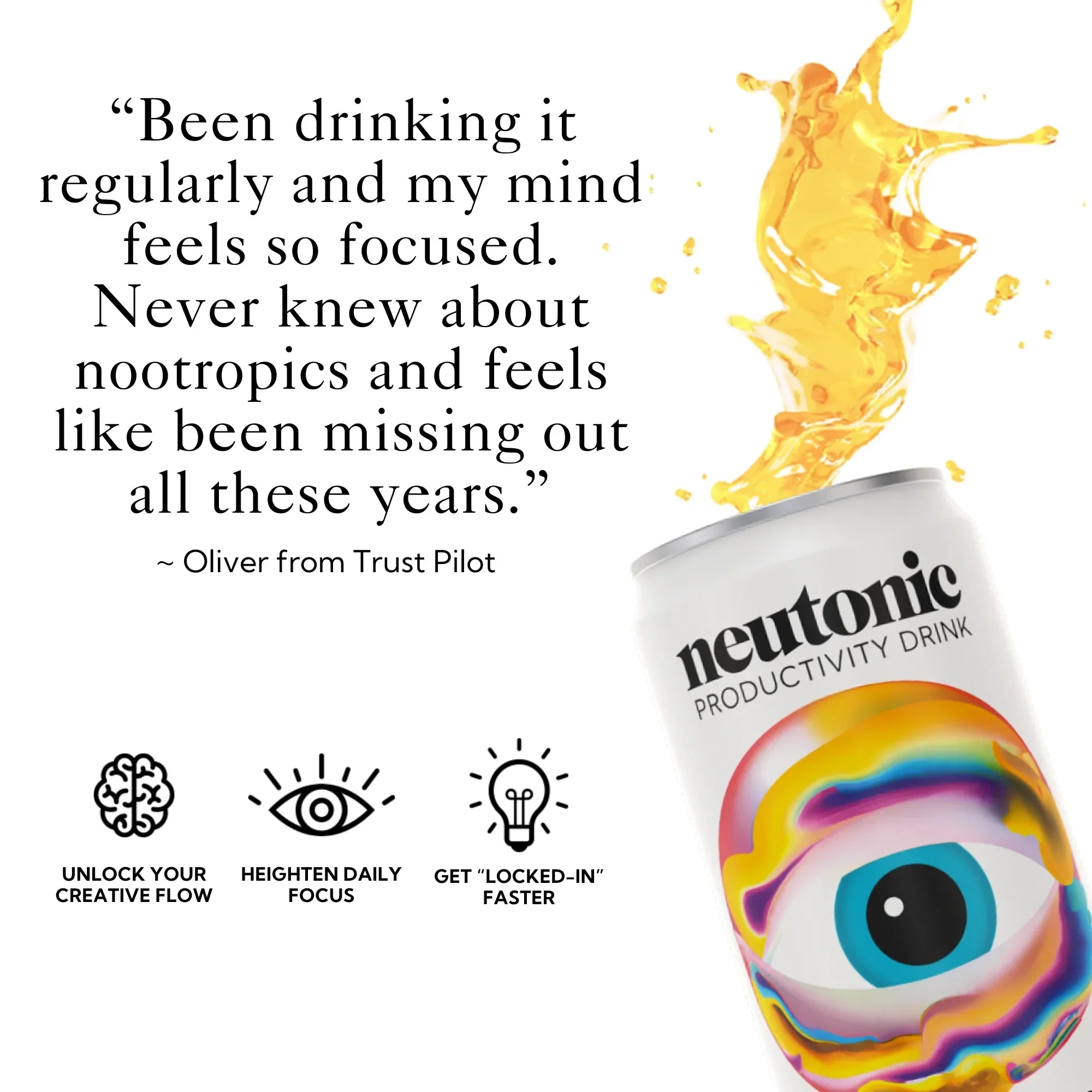 Neutonic Productivity Drink with vibrant eye design, featuring Rhodiola Rosea and Panax Ginseng