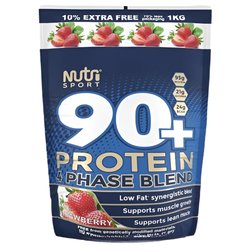 NutriSport 90 + Protein 4 Phase Blend - 1Kg / Strawberry - Protein Blend Powder (Whey Protein Concentrate Whey Protein