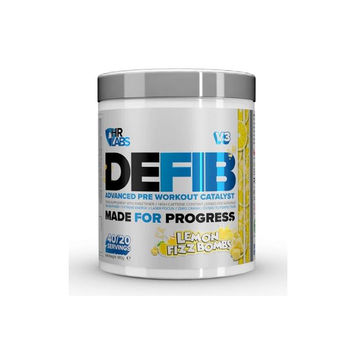 White HR Labs DEFIB V3 pre-workout powder container with lemon design and blue label