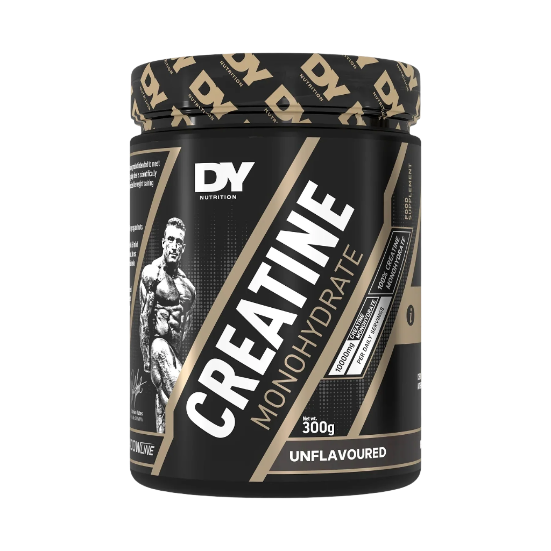 Black and gold DY Nutrition Creatine Monohydrate 300g for muscle growth and performance