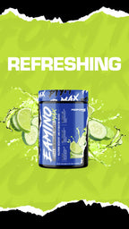 Blue Performax Labs Eamino Max 3D container with lime and cucumber slices for amino acids