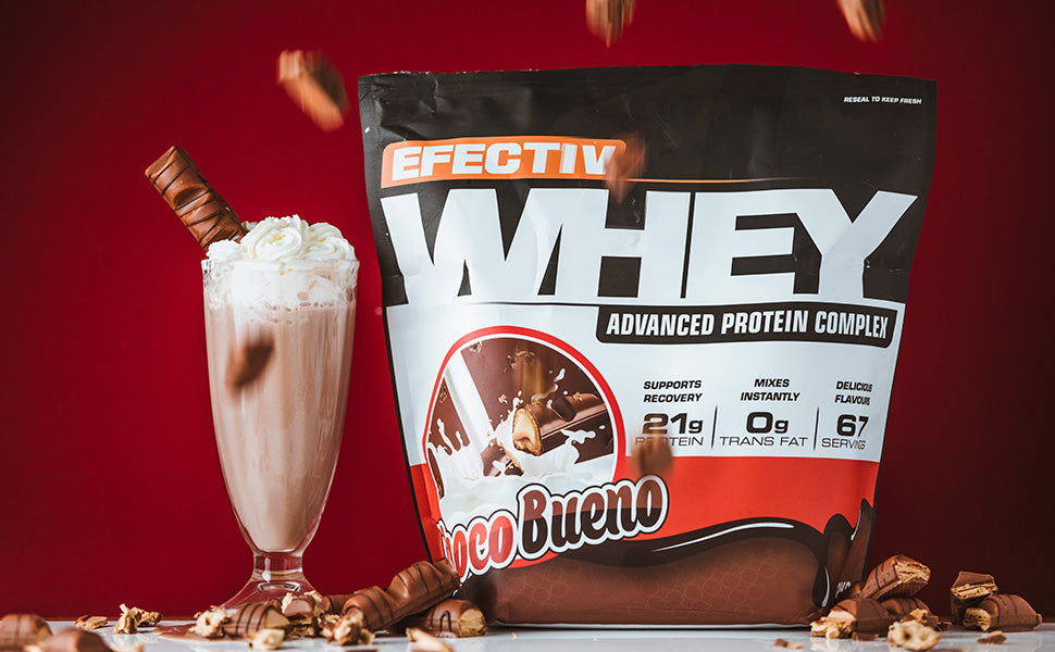 Efectiv Nutrition Whey Protein with chocolate flavor and a milkshake for lean muscle