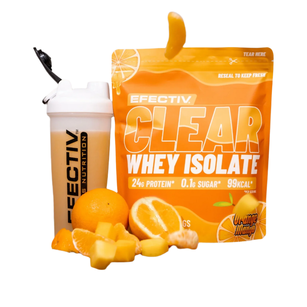 Orange-flavored Efectiv Nutrition Clear Whey Isolate with shaker and fruit for nutrition whey
