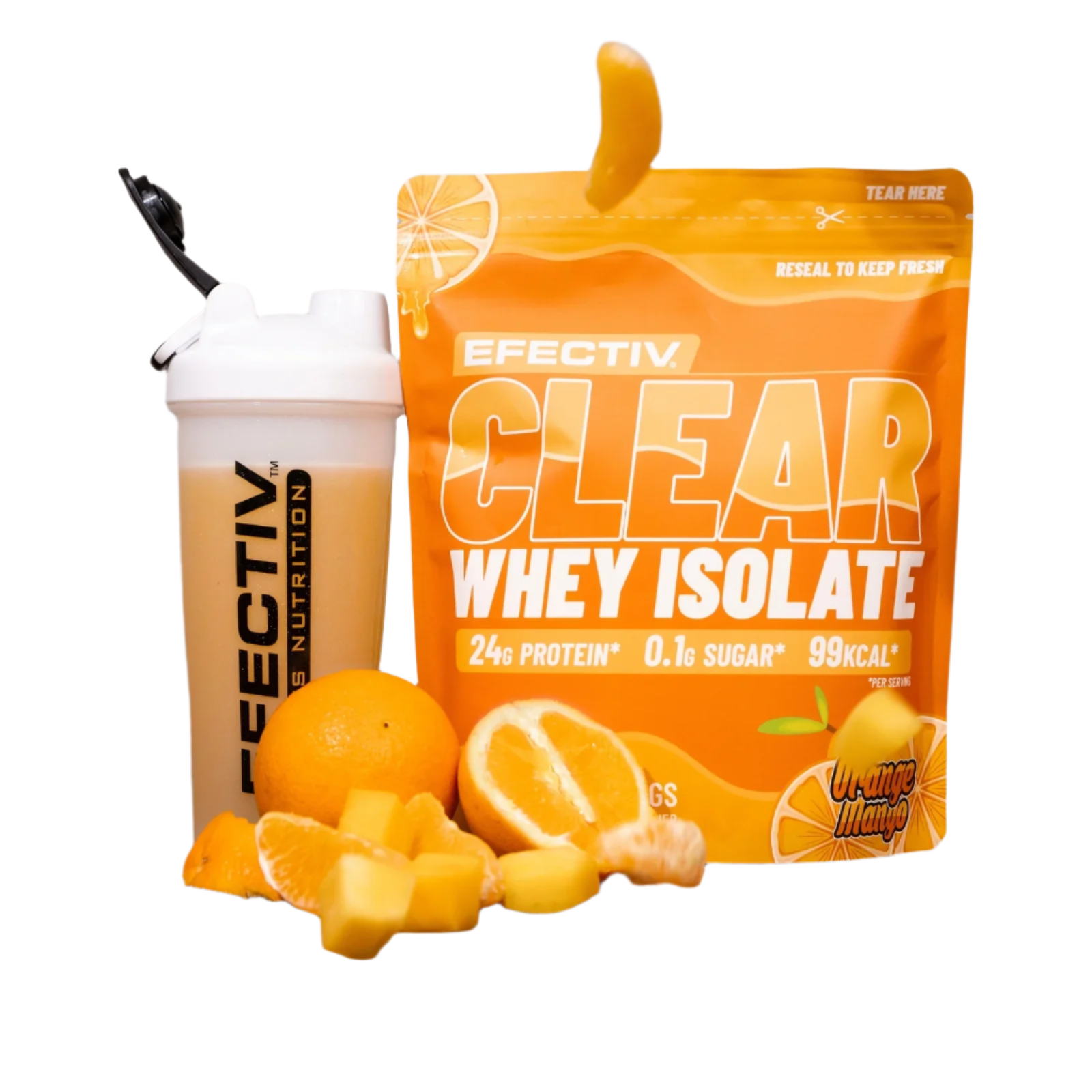 Orange-flavored Efectiv Nutrition Clear Whey Isolate with shaker and fruit for nutrition whey