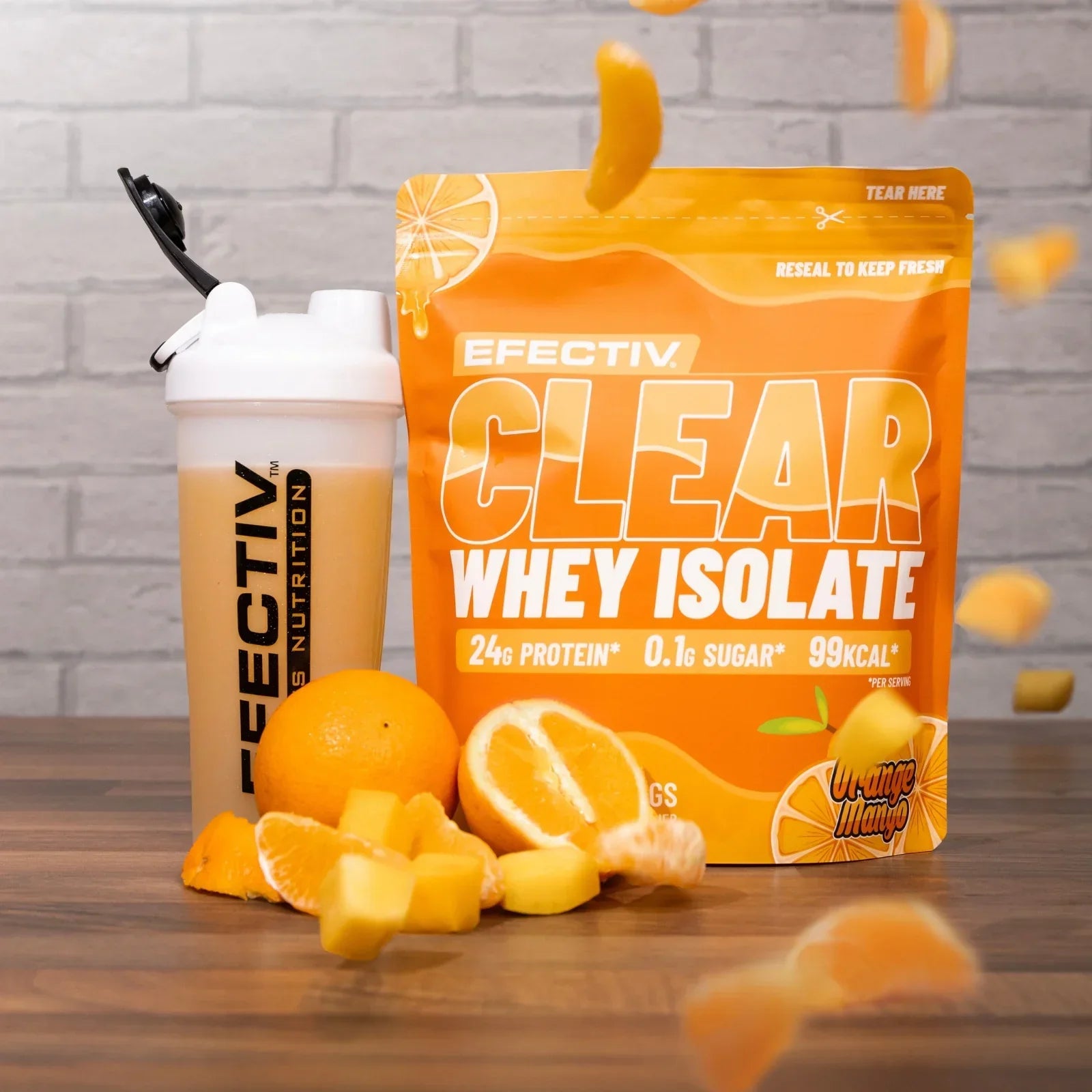 Orange-flavored clear whey isolate powder in pouch from Efectiv Nutrition Clear Whey Isolate