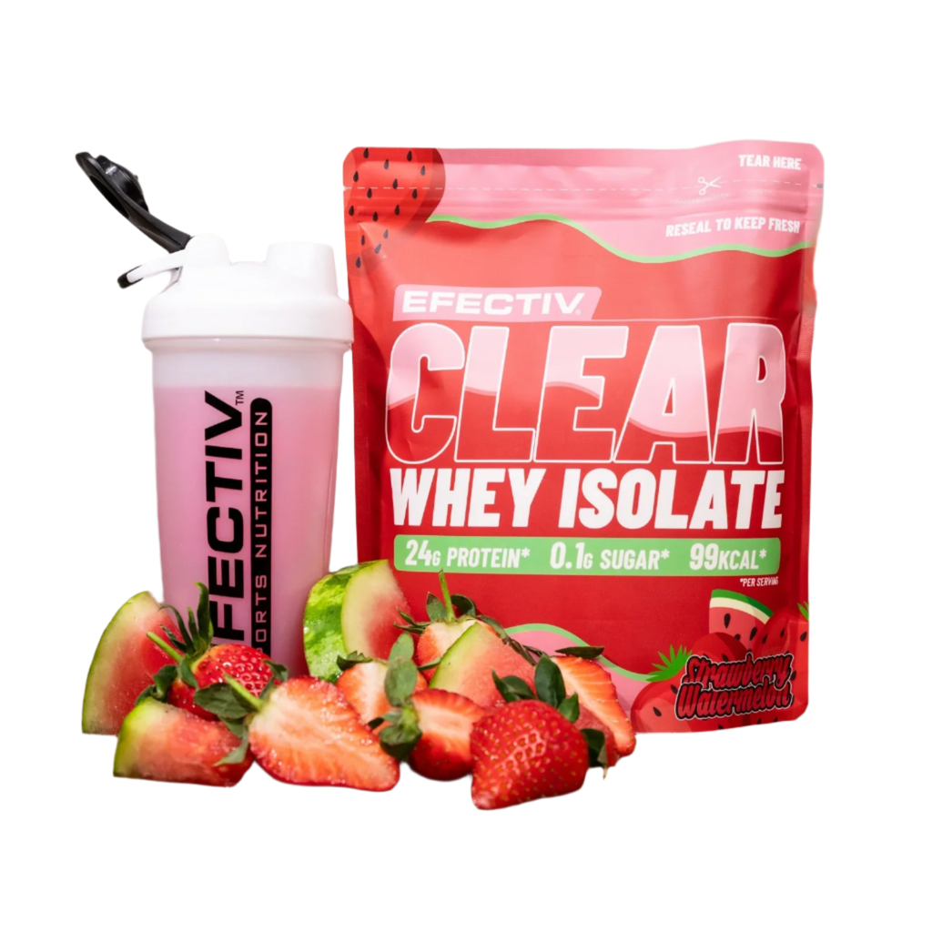 Strawberry watermelon flavored clear whey isolate protein powder and shake from Efectiv Nutrition Clear Whey Isolate