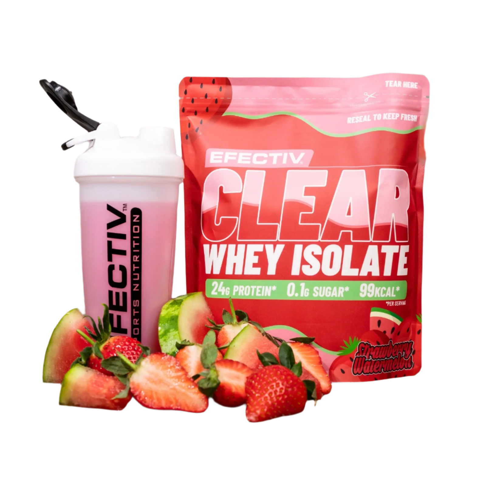 Strawberry watermelon flavored clear whey isolate protein powder and shake from Efectiv Nutrition Clear Whey Isolate