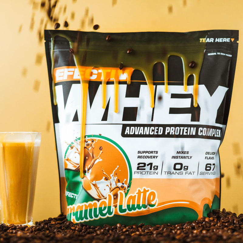 Caramel latte flavored highly bioavailable whey protein powder in Effectiv Nutrition Whey pouch for lean muscle