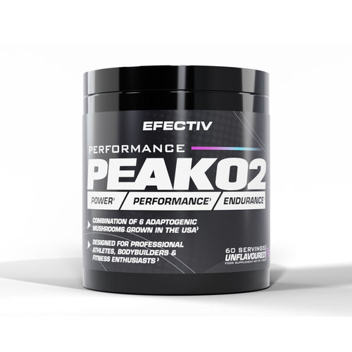 Efectiv Nutrition PeakO2 black tub with six adaptogenic mushrooms for athletes and fitness fans