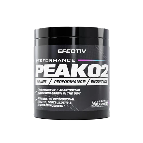 Black plastic tub of Effectiv Nutrition PeakO2 with six adaptogenic mushrooms supplement