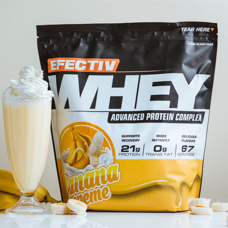 Banana creme flavored highly bioavailable whey protein powder by Effectiv Nutrition Whey for lean muscle