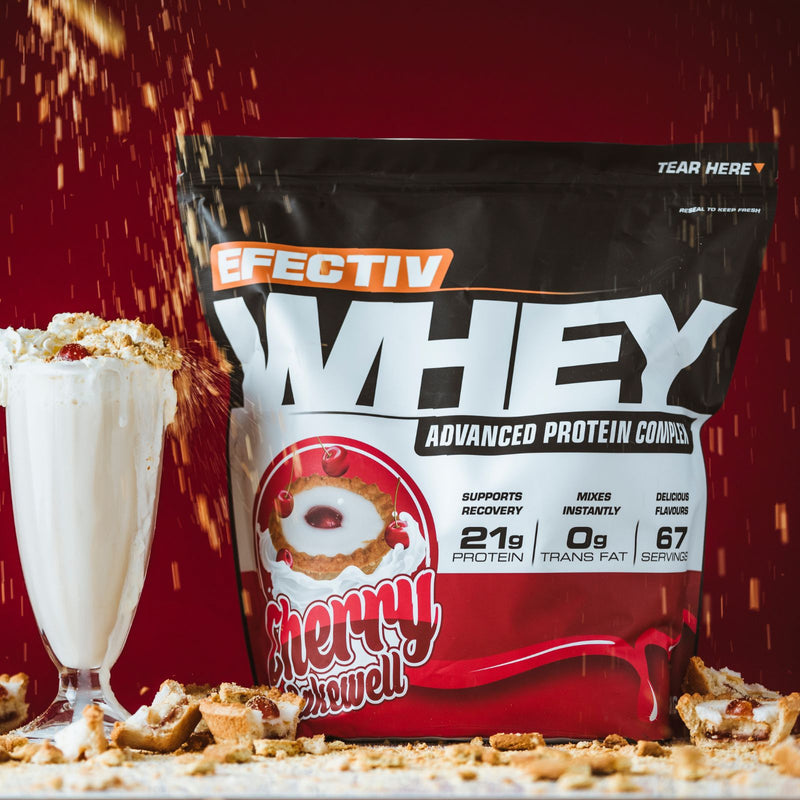 Black and white Efectiv Nutrition Whey Protein bag with Cherry Bakewell flavor for lean muscle